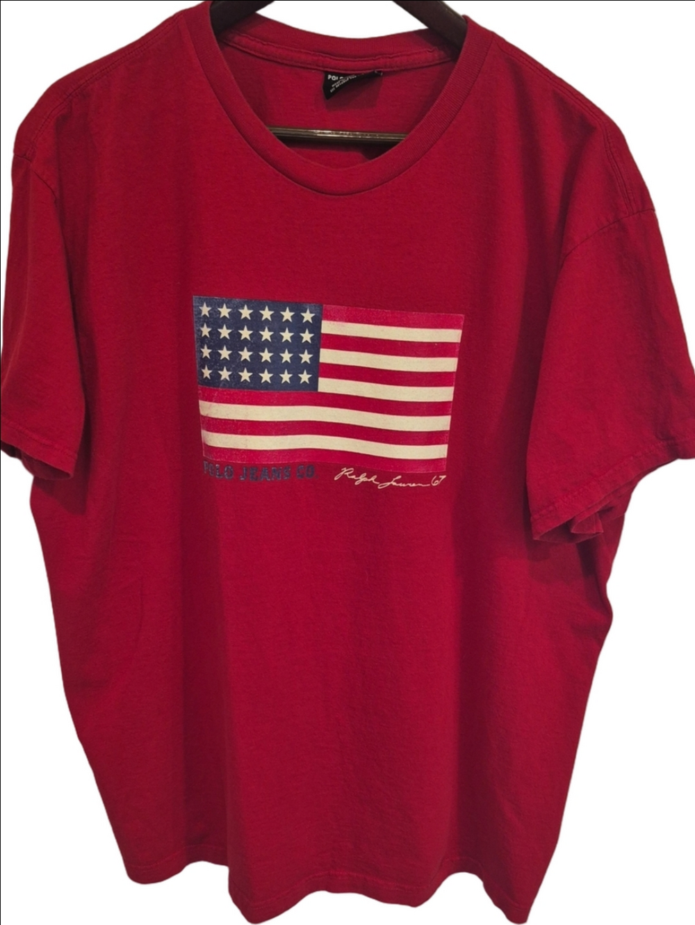 Ralph Lauren Polo Cotton Red Tee with American Flag Graphic In XXL